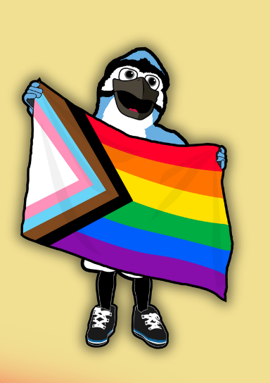 Illustration of the Hopkins Blue Jay holding a Pride flag