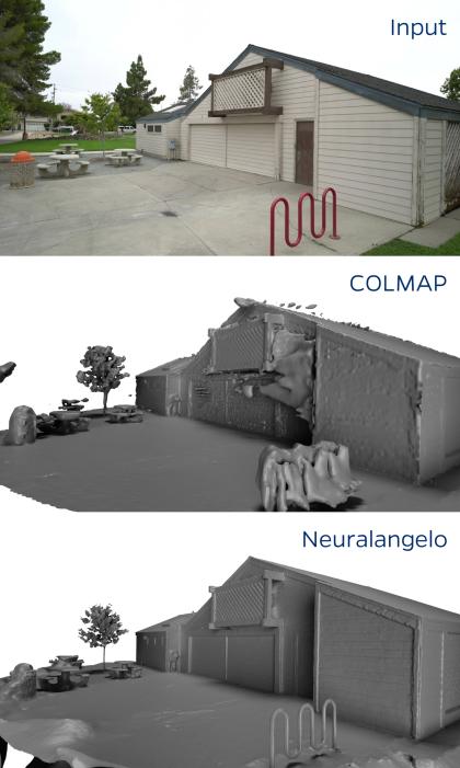 Qualitative comparison of COLMAP, a baseline approach with missing and noisy surfaces, and Neuralangelo