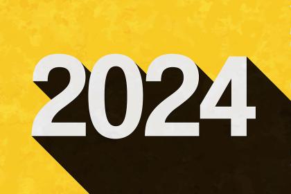 In a bold illustration, the numeral 2024 appears with a long black shadow on textured yellow background.