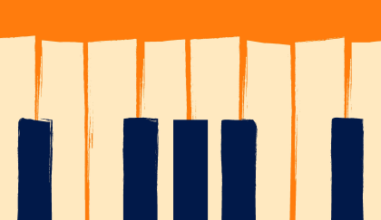 Illustration of cream and navy blue piano keys against an orange background