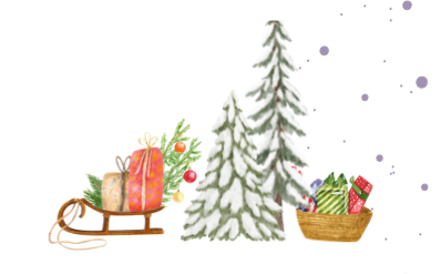 A sled and basket each holding presents and two snow-capped evergreen trees