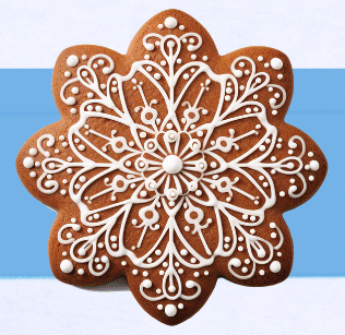 Image of a gingerbread-style cookie in the shape of a snowflake with decorative white icing