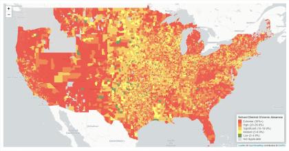 map showing which areas of the United States have the highest rates of chronic absenteeism. Large swaths of the country are shaded red, which indicates rates of chronic absenteeism are higher than 30%.  