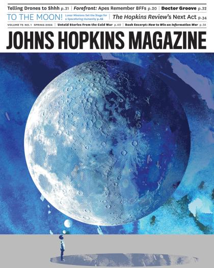 The cover of Johns Hopkins Magazine shows a child looking up in awe at the moon