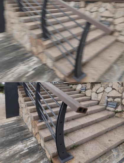 Two pictures of stairs and a railing. One is blurry, one is clearer.