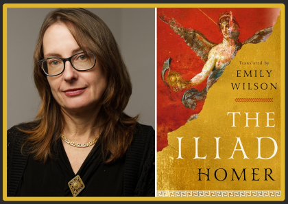 Head shot of Emily Wilson alongside the cover of her translation Homer’s “The Iliad”