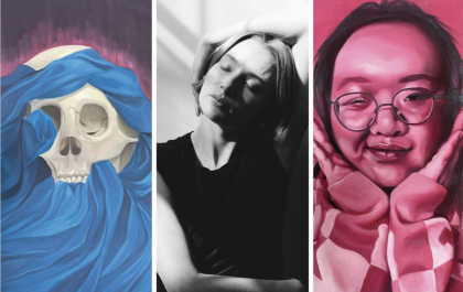 A collage of three examples of student art: First, an illustration of blue fabric wrapped around and inside a skull against a black and pink ombre background; second, a black-and-white portrait of a young white woman with her eyes closed, one arm wrapped up and over her head and another around her midsection; and third, a pink and black illustrated portait of a young woman of Asian descent wearing glasses, her hands cradling her chin in a V and winking as she looks directly at the viewer