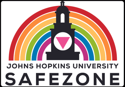 Logo for Johns Hopkins Safe Zone featuring the Gilman Hall clock tower and a rainbow