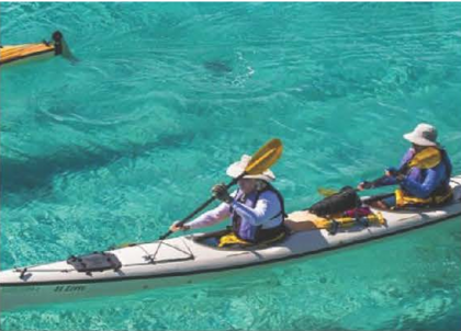 Photograph of two people in a kayak, paddling through turquoise-blue water