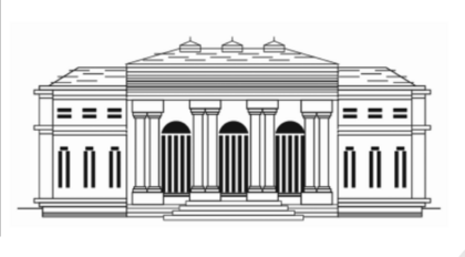 Black and white illustration of a museum building