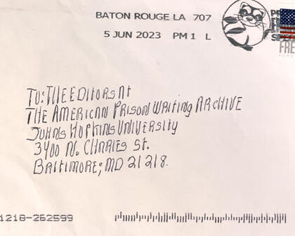 an envelope written out to the editors of the American Prison Writing Archive