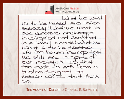 A handwritten excerpt from 'The Agony of Defeat' by Chanell Burnette reads: 