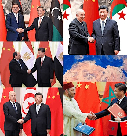 Collage of posed photographs of Chinese and North African politicians shaking hands