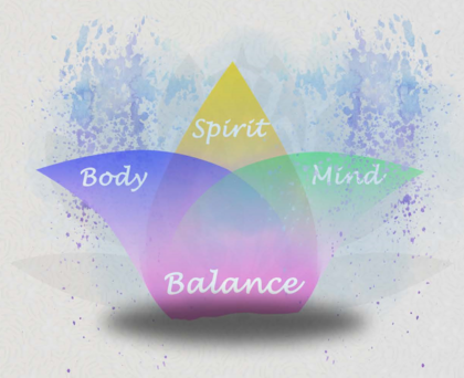 Image of overlapping colored petals with the words body, spirit, mind, and balance