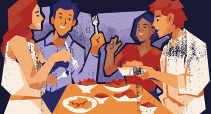 Illustration of a diverse small group of people talking over food