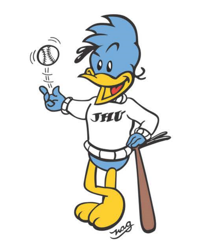 Illustration of a Johns Hopkins Blue Jay with a baseball bat and ball