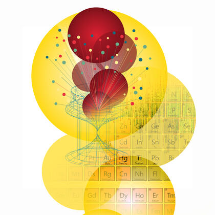 conceptual illustration with periodic table of elements, geometric shapes, lines