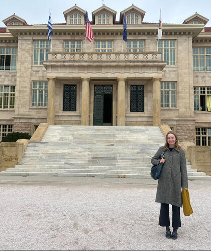 Sophia Berkey standing in front of Benaki Hall.