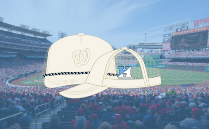 Image of a baseball-style hat overlaying Nationals park