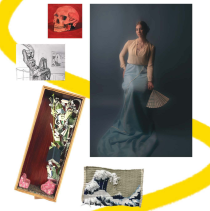Collection of several examples of student visual art, including diorama, fiber arts, drawing, and painting