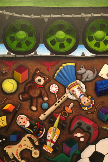 Wiggs’ ‘Ukrainian Childhood,’ acrylic on canvas, shows children's toys being crushed into the ground by Russian tanks