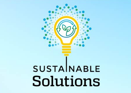 Logo for the Sustainable Solutions Series, which shows a lightbulb surrounded by blue and green dots forming a flower-like shape and inside the bulb a sprout with two arrows forming a circle