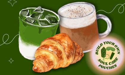 Illustration of matcha tea, a latte, and a croissant wit the text "build your own soul care pouches" and small pictures of a lotion-type bottle, prayer beads, and an eye mask