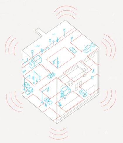 illustration shows a white cube with street intersections inside it