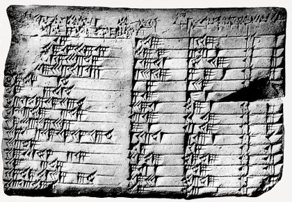 black and white photo of tablet shows ancient markings in four columns