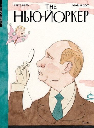 cartoon depicts Vladimir Putin with a monocle eyeing a butterfly with Donald Trump's head