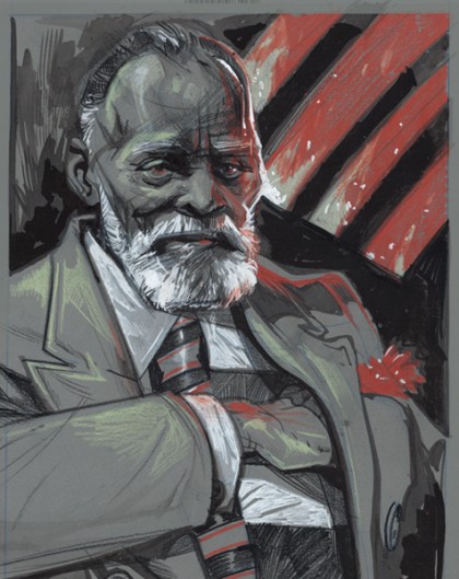 Illustration of Chester Himes in grays, blacks, and reds