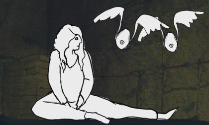 A cartoon women sits in a stone room while winged breasts fly around her
