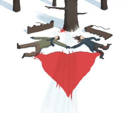 Illustration shows two people holding hands laying on their backs in the snow, a broken sled, bloody tree, and pool of blood nearby