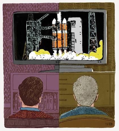 Illustration of a man and father watching a rocket launch