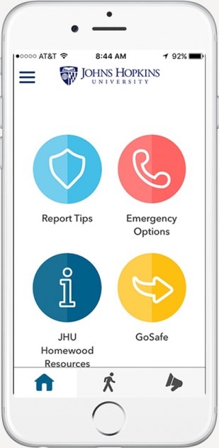 Livesafe app interface features four icons in light blue, red, dark blue, and yellow