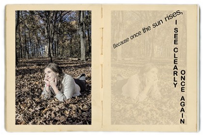 Picture of girl in leaves, part of student artist's book exhibition