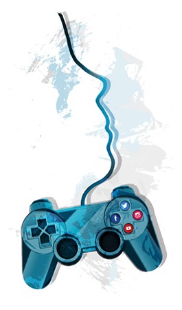 Illustration depicts a video game controller with social media share buttons instead of controls, and the outline of a face drawn by the controller's cord