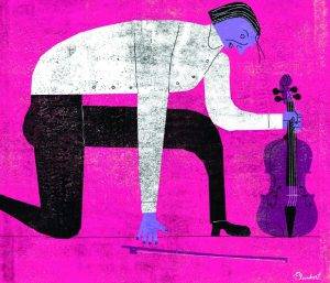Modern-style illustration of a kneeling person holding a violin and a bow