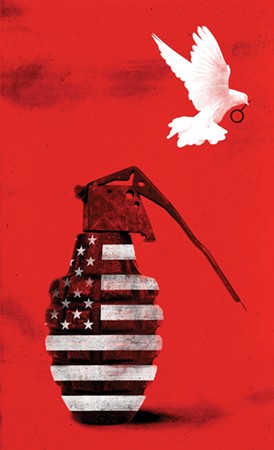 Illustration depicts a grenade patterned with the American flag, and a dove flying away carrying the grenade pin in its beak