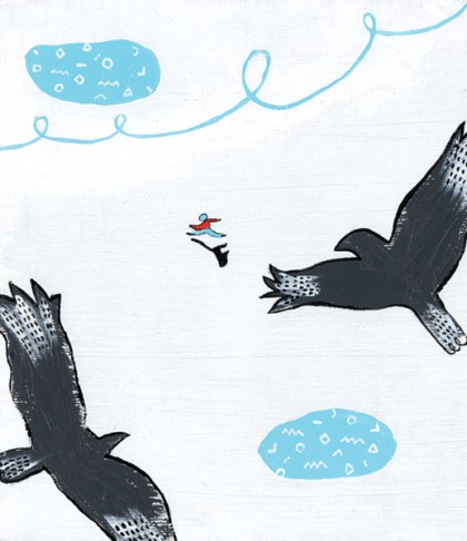 Illustration depicts a person running over ice while twi large birds circle overhead
