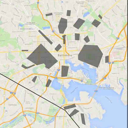 A map of Baltimore City is overlaid with gray shapes indicating where litter occurs. Large blocks cover west and east Baltimore, clusters in south Baltimore, and various small sectors in north Baltimore.