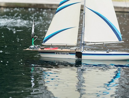 Sailboat equipped with sensors races in fountain