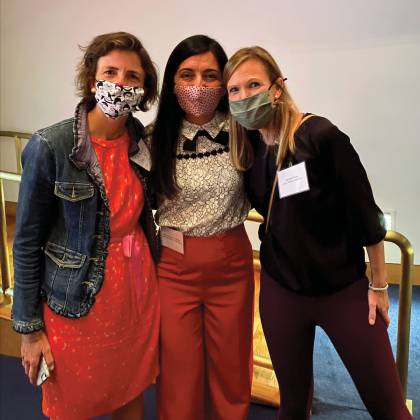 Sarah Polk, Mónica Guerrero Vázquez, and Kathleen Page pose for a photo while wearing facemasks