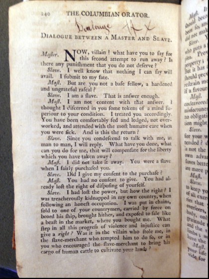 A page from the Orator shows a conversation between a slave and a master
