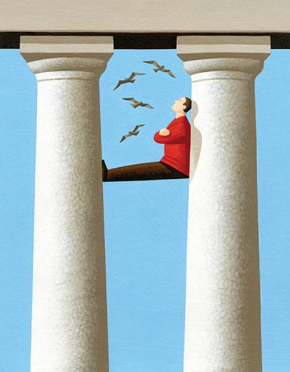 Illustration of a man scaling a pair of Greek revival columns