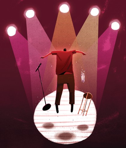 Illustration depicts a person on a stage with a microphone, stool, and bottle of water, standing up suddenly