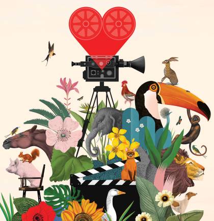 a collage of animals, with a video camera above them