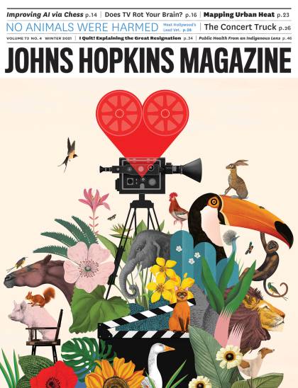 Cover image of Johns Hopkins Magazine, featuring a collage of animals and a movie camera
