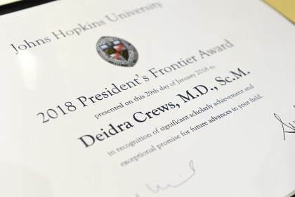 Close-up of President's Frontier Award citation for Deidra Crews