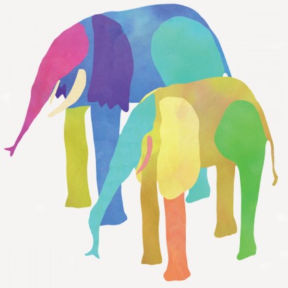 Illustration shows a mother and baby elephant in a patchwork color scheme